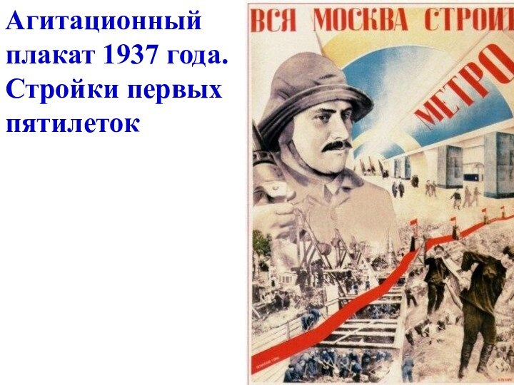 Агитационный плакат 1937 года. Стройки первых пятилеток