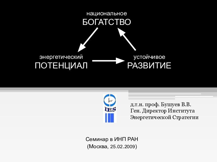 национальное БОГАТСТВОСеминар в ИНП РАН (Москва, 25.02.2009)д.т.н. проф. Бушуев В.В. Ген. Директор Института Энергетической СтратегииэнергетическийПОТЕНЦИАЛустойчивоеРАЗВИТИЕ