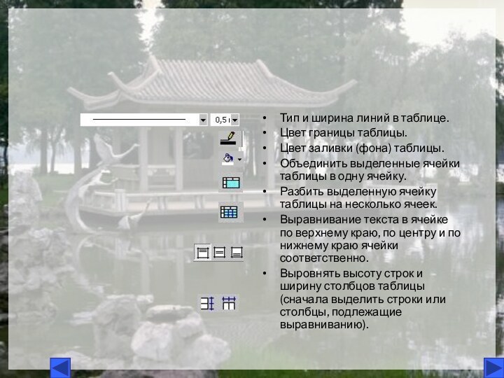 Тип и ширина линий в таблице.Цвет границы таблицы.Цвет заливки (фона) таблицы.Объединить выделенные