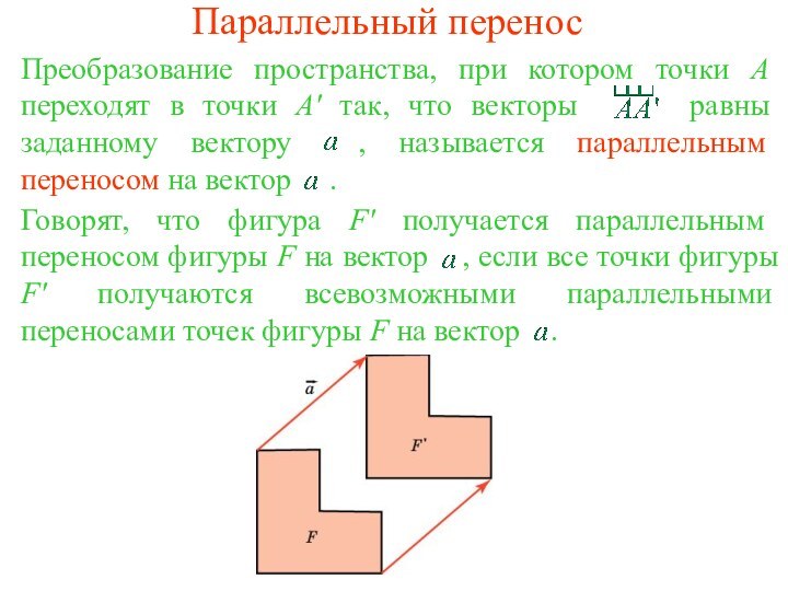 Параллельный переносПреобразование пространства, при котором точки А переходят в точки А' так,