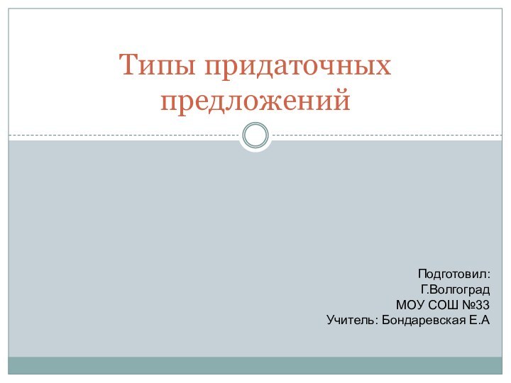 Типы придаточных предложенийПодготовил:Г.ВолгоградМОУ СОШ №33Учитель: Бондаревская Е.А