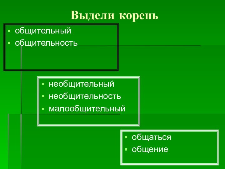 Выдели кореньобщительныйобщительностьобщатьсяобщениенеобщительныйнеобщительностьмалообщительный