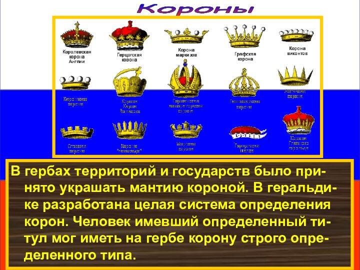 Короны В гербах территорий и государств было при-нято украшать мантию короной. В