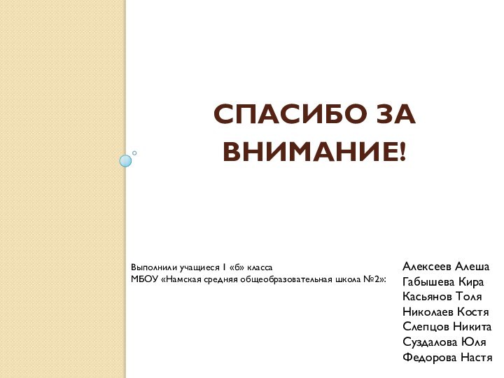 Спасибо за внимание!Алексеев АлешаГабышева КираКасьянов ТоляНиколаев КостяСлепцов НикитаСуздалова ЮляФедорова НастяВыполнили учащиеся 1