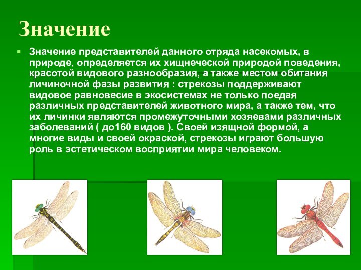 ЗначениеЗначение представителей данного отряда насекомых, в природе, определяется их хищнеческой природой поведения,