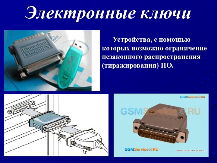 Электронные ключи 	Устройства, с помощью которых возможно ограничение незаконного распространения (тиражирования) ПО.