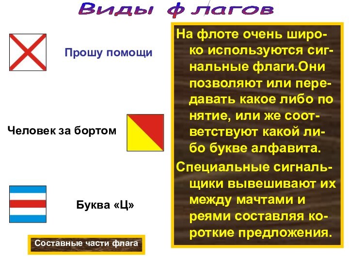 На флоте очень широ-ко используются сиг-нальные флаги.Они позволяют или пере-давать какое либо