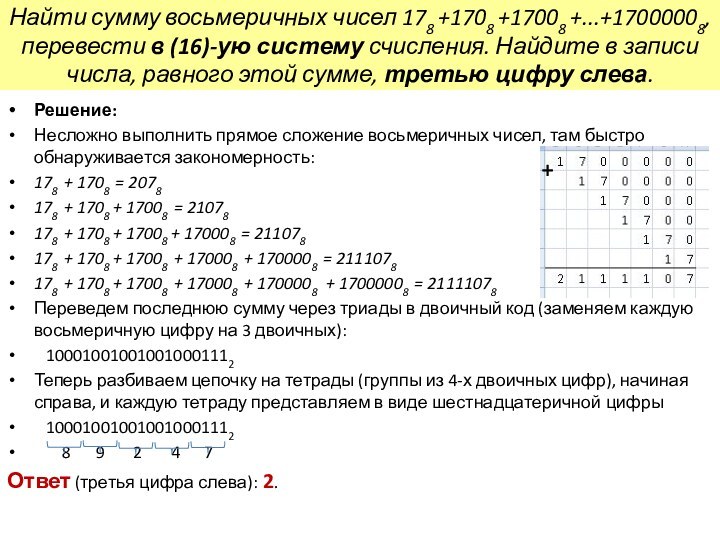 Найти сумму восьмеричных чисел 178 +1708 +17008 +...+17000008, перевести в (16)-ую систему