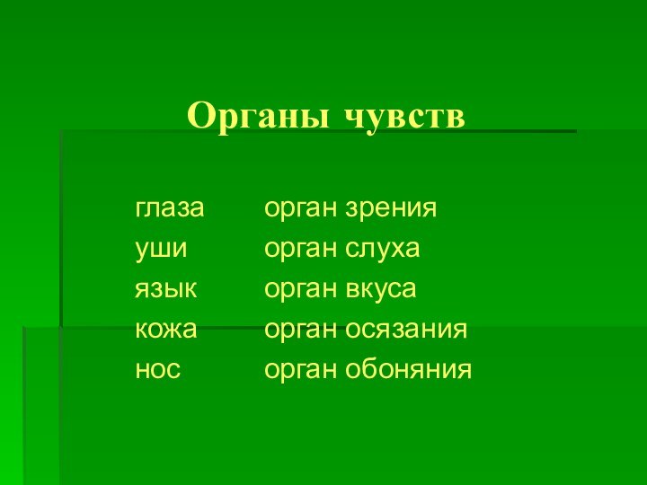 Органы чувств		глаза		орган зрения		уши			орган слуха		язык			орган вкуса		кожа			орган осязания		нос			орган обоняния