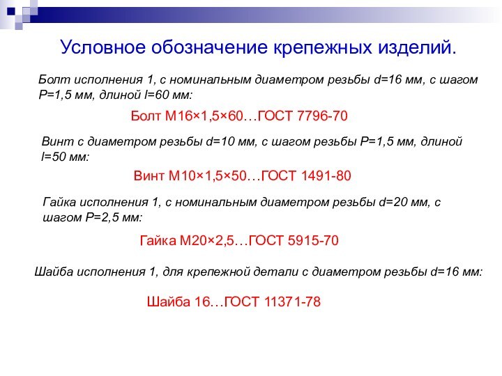 Условное обозначение крепежных изделий.Болт М16×1,5×60…ГОСТ 7796-70Болт исполнения 1, с номинальным диаметром резьбы