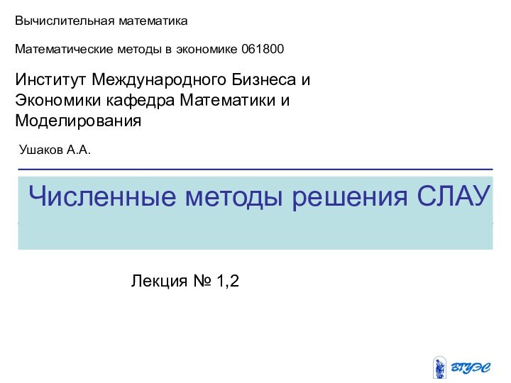 Численные методы решения СЛАУВычислительная математикаМатематические методы в экономике 061800 Институт Международного Бизнеса