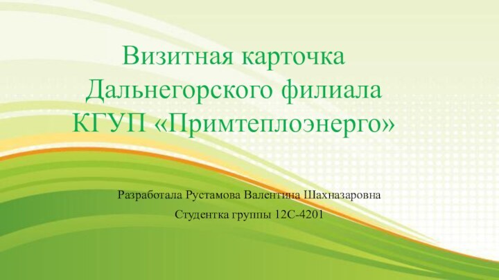 Визитная карточка Дальнегорского филиала КГУП «Примтеплоэнерго»Разработала Рустамова Валентина ШахназаровнаСтудентка группы 12С-4201