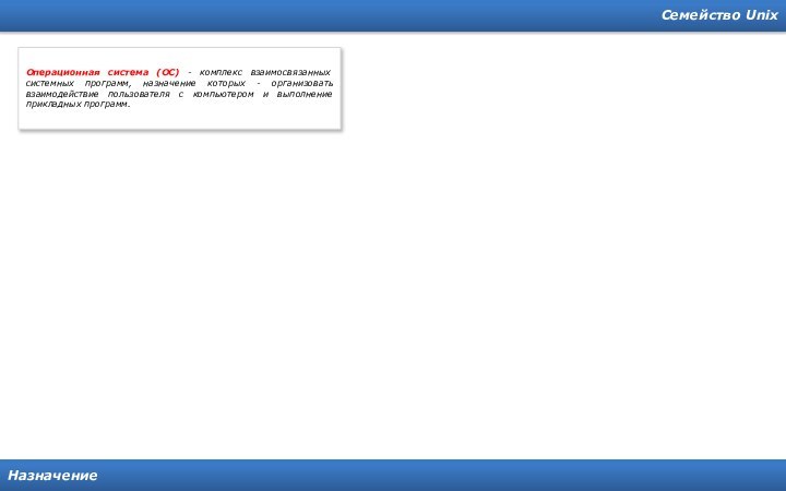 Семейство UnixНазначениеОперационная система (ОС) - комплекс взаимосвязанных системных программ, назначение которых -