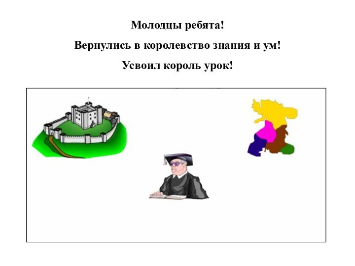 Молодцы ребята!Вернулись в королевство знания и ум!Усвоил король урок!