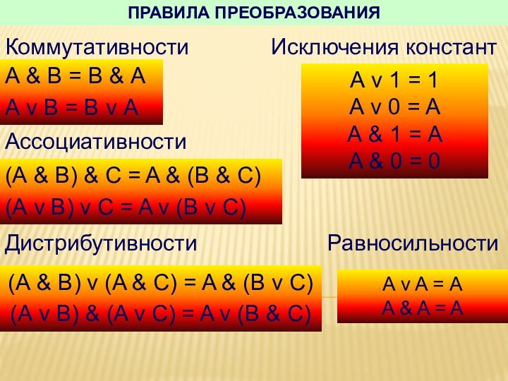 ПРАВИЛА ПРЕОБРАЗОВАНИЯ Коммутативности       Исключения констант 			Ассоциативности