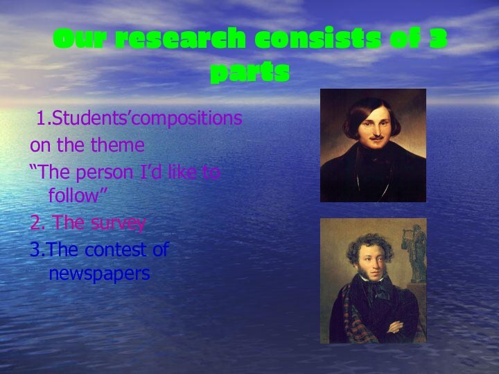 Our research consists of 3 parts 1.Students’compositionson the theme “The person I’d