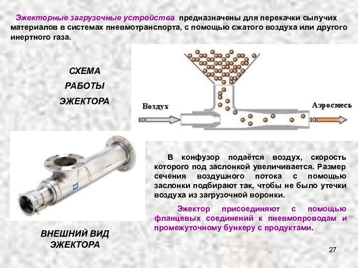 Эжекторные загрузочные устройства предназначены для перекачки сыпучих материалов в системах пневмотранспорта,