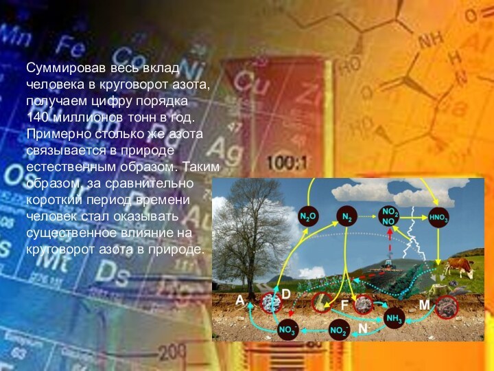 Суммировав весь вклад человека в круговорот азота, получаем цифру порядка 140 миллионов тонн