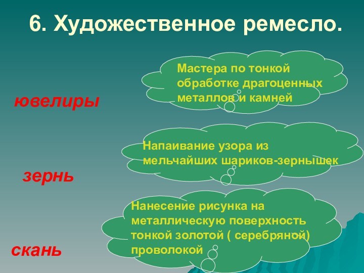 6. Художественное ремесло.ювелирыМастера по тонкой обработке драгоценных металлов и камнейзерньНапаивание узора из