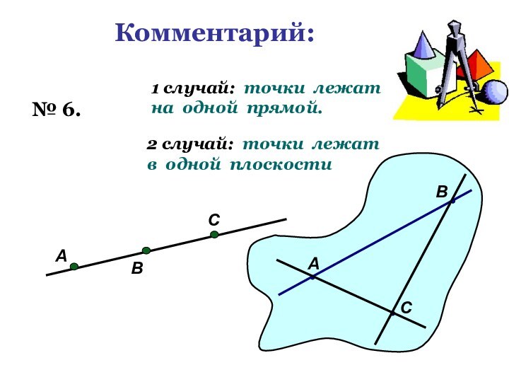 Комментарий: № 6.АВС1 случай: точки лежат на одной прямой.АВС2 случай: точки лежат в одной плоскости