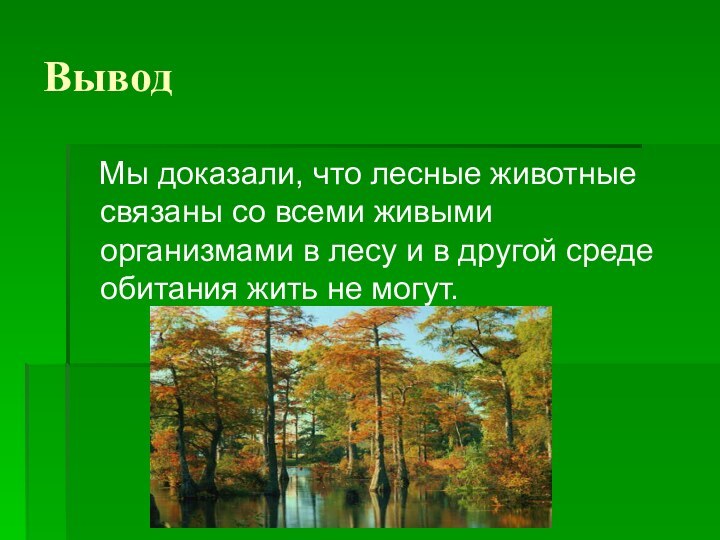 Вывод  Мы доказали, что лесные животные связаны со всеми живыми организмами