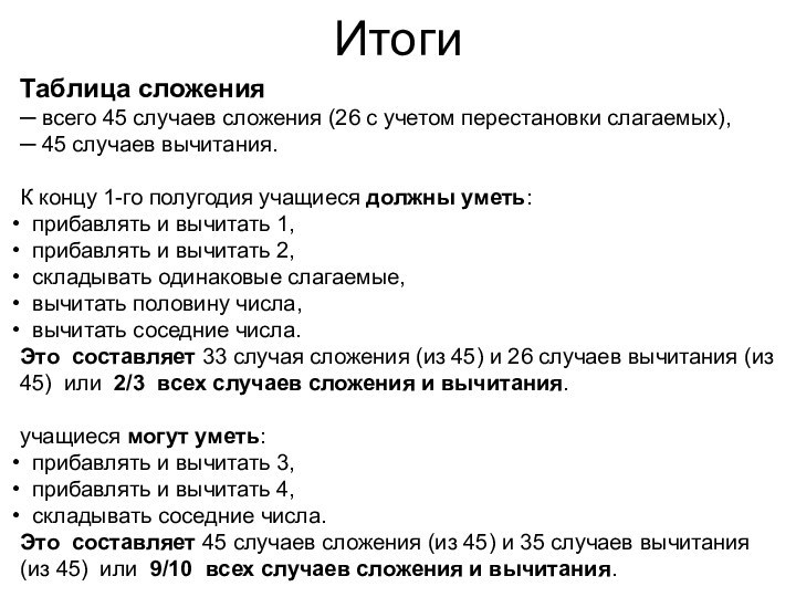 ИтогиТаблица сложения─ всего 45 случаев сложения (26 с учетом перестановки слагаемых),─ 45