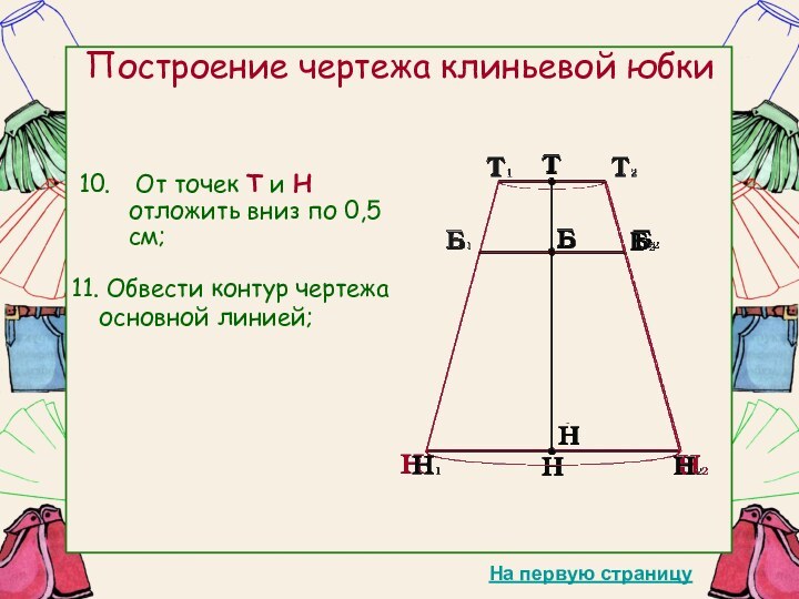 Построение чертежа клиньевой юбки От точек Т и Н отложить вниз по