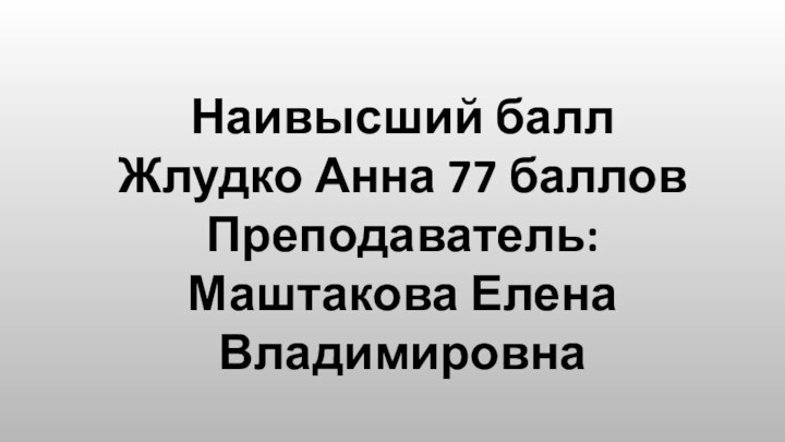 Наивысший баллЖлудко Анна 77 балловПреподаватель: Маштакова Елена Владимировна