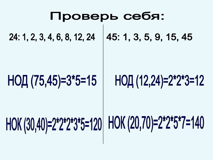 Проверь себя: НОД (75,45)=3*5=15 24: 1, 2, 3, 4, 6, 8, 12,