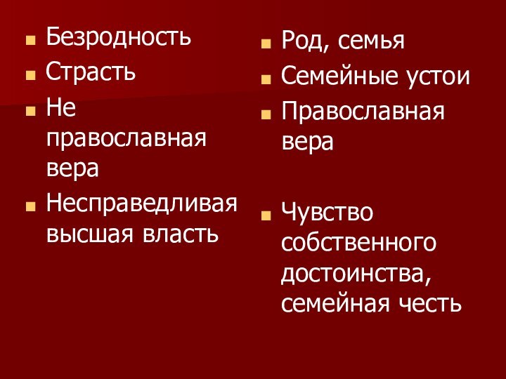 БезродностьСтрастьНе православная вераНесправедливая высшая властьРод, семьяСемейные устоиПравославная вераЧувство собственного достоинства, семейная честь