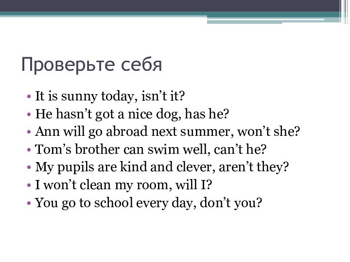 Проверьте себяIt is sunny today, isn’t it?He hasn’t got a nice dog,