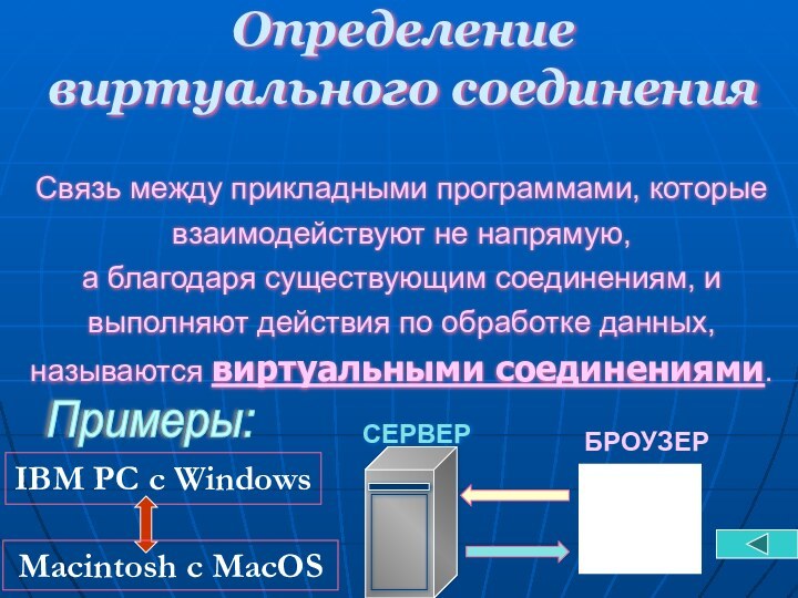 Определение  виртуального соединенияСвязь между прикладными программами, которые взаимодействуют не напрямую,