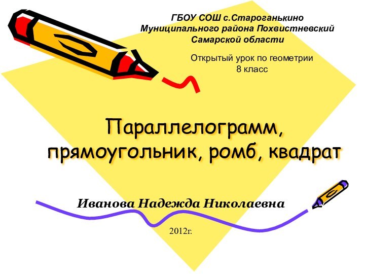 Параллелограмм, прямоугольник, ромб, квадрат Иванова Надежда Николаевна2012г.ГБОУ СОШ с.СтароганькиноМуниципального района ПохвистневскийСамарской областиОткрытый