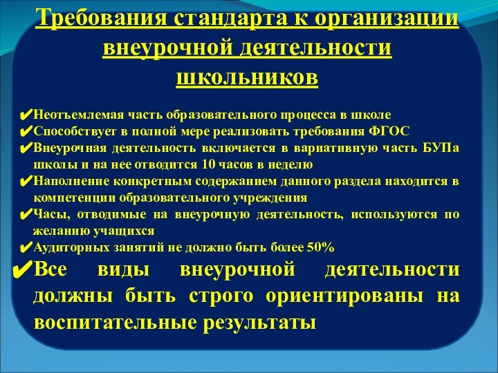 Требования стандарта к организации внеурочной деятельности школьниковНеотъемлемая часть образовательного процесса в школеСпособствует