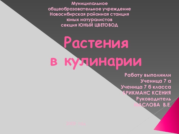 Растения  в кулинарииРаботу выполнилиУченица 7 аУченица 7 б классаБРИКМАНС КСЕНИЯРуководительМАСЛОВА В.Е.Муниципальное