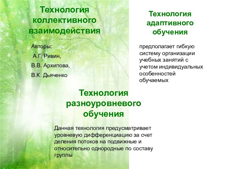 Технология коллективного взаимодействияАвторы: А.Г. Ривин, В.В. Архипова, В.К. ДьяченкоТехнология разноуровневого обучения Данная