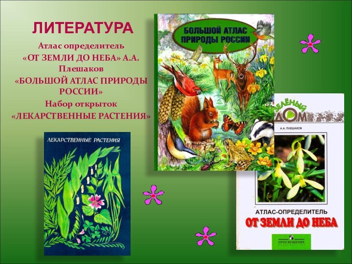 ЛИТЕРАТУРААтлас определитель «ОТ ЗЕМЛИ ДО НЕБА» А.А.Плешаков«БОЛЬШОЙ АТЛАС ПРИРОДЫ РОССИИ»Набор открыток«ЛЕКАРСТВЕННЫЕ РАСТЕНИЯ»