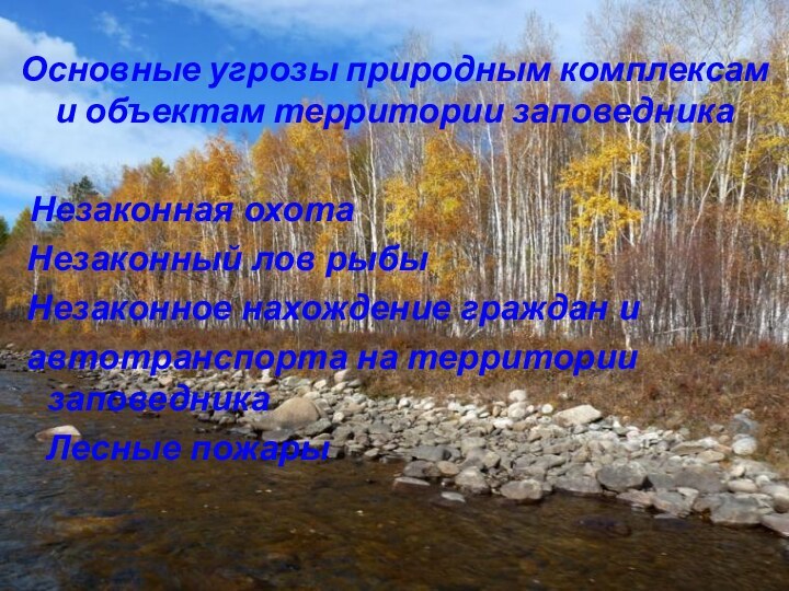 Основные угрозы природным комплексам и объектам территории заповедника Незаконная охота Незаконный лов