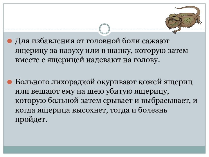 Для избавления от головной боли сажают ящерицу за пазуху или в шапку,