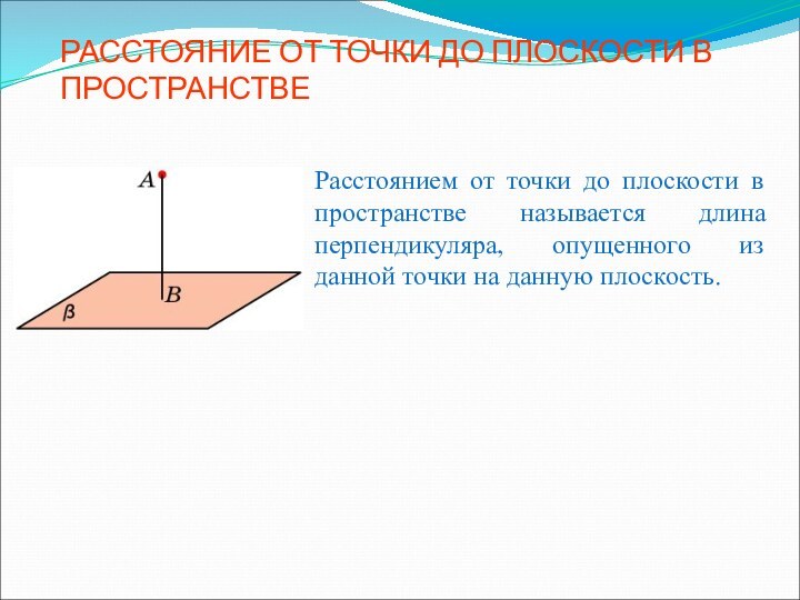 РАССТОЯНИЕ ОТ ТОЧКИ ДО ПЛОСКОСТИ В ПРОСТРАНСТВЕРасстоянием от точки до плоскости в