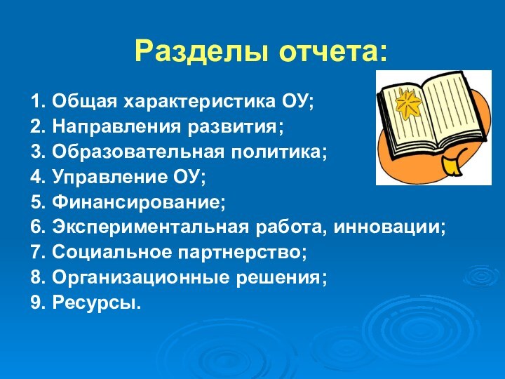 Разделы отчета:1. Общая характеристика ОУ;2. Направления развития;3. Образовательная политика;4. Управление ОУ;5. Финансирование;6.