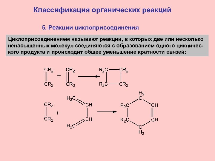 5. Реакции циклоприсоединенияКлассификация органических реакцийЦиклоприсоединением называют реакции, в которых две или несколько