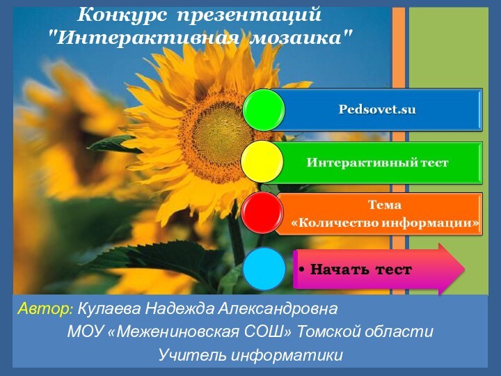 Автор: Кулаева Надежда АлександровнаМОУ «Межениновская СОШ» Томской областиУчитель информатикиКонкурс презентаций  