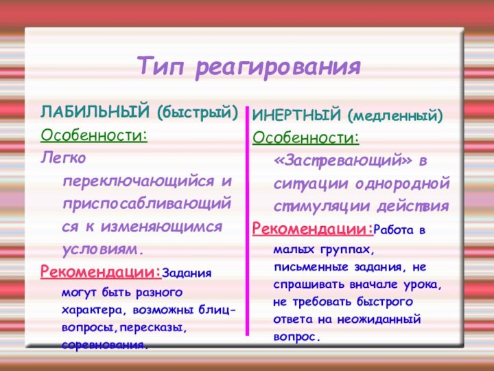 Тип реагированияЛАБИЛЬНЫЙ (быстрый)Особенности: Легко переключающийся и приспосабливающийся к изменяющимся условиям.Рекомендации:Задания могут быть