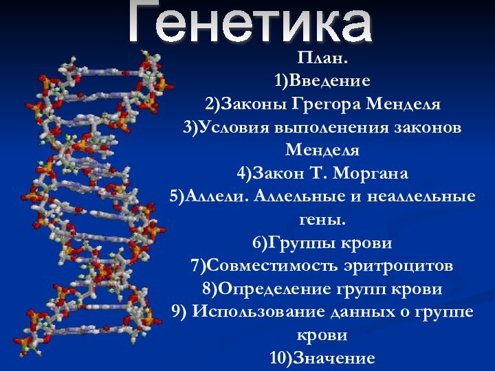 ГенетикаПлан.1)Введение2)Законы Грегора Менделя3)Условия выполенения законов Менделя4)Закон Т. Моргана5)Аллели. Аллельные и неаллельные гены.6)Группы