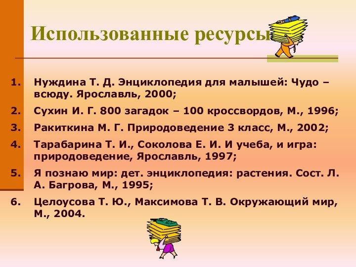 Нуждина Т. Д. Энциклопедия для малышей: Чудо – всюду. Ярославль, 2000;Сухин И.