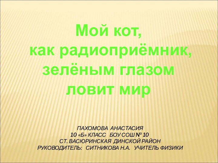 Мой кот, как радиоприёмник,зелёным глазом ловит мирПАХОМОВА АНАСТАСИЯ 10 «Б» КЛАСС