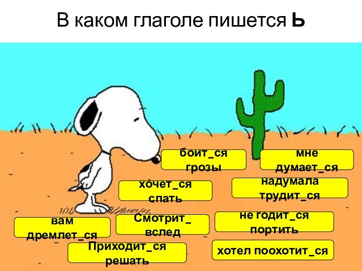 В каком глаголе пишется Ьхочет_ся спатьхотел поохотит_сявам дремлет_сяСмотрит_ вследбоит_ся грозыне годит_ся портитьмне думает_сяПриходит_ся решатьнадумала трудит_ся