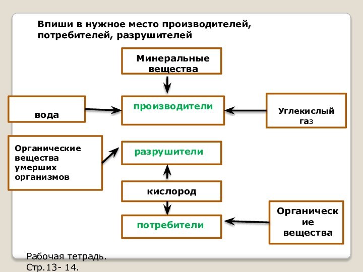 Рабочая тетрадь. Стр.13- 14.Впиши в нужное место производителей, потребителей, разрушителейМинеральные веществаУглекислый газводаОрганические вещества умерших организмовкислородОрганические веществапотребителипотребителиразрушителипроизводители