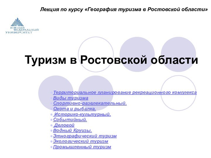 Туризм в Ростовской области Территориальное планирование рекреационного комплекса Виды туризмаСпортивно-развлекательный. Охота и рыбалка.